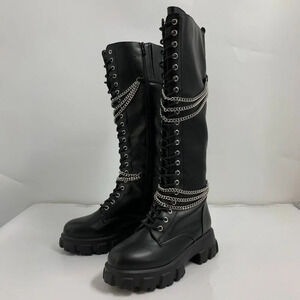 Hot Topic Women’s Black‎ Chains Platform Side Zip Knee-High Boots Size 10 NWOB